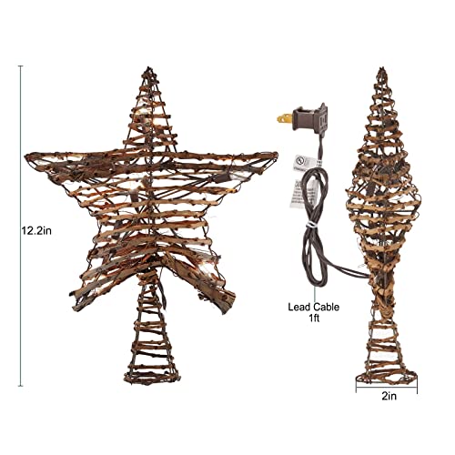 Christmas Star Tree Topper,12" Rattan 3D Star Tree Topper,Rustic Rattan Natural Star Built In 10 Bulbs String Lights For Indoor Xmas Christmas New Year Holiday Tree Decoration #TOP5