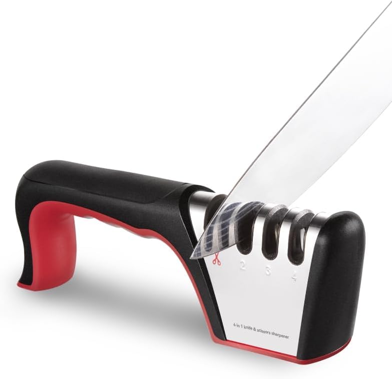 4-in-1 Kitchen Knife Sharpener with Cut-Resistant Glove 3-Stage Sharpening System for Repairing Restoring Polishing Blades Handheld Diamond Sharpener