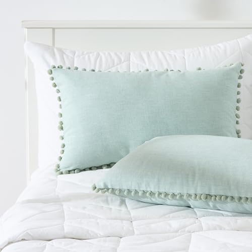 Image of 100% Cotton Pom Pom Cushion Without Filler, Elegant & Modern Cushion Cover for Living Room, Rectangle, 12 inchx20 inch, uni Chambray, Set of 4 - Celadon Green