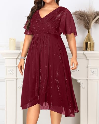 Image of Talisea Plus Size Cocktail Dress - Formal Wedding Guest Fall Long Sleeve A Line Pleated V Neck Midi Dresses for Curvy Women