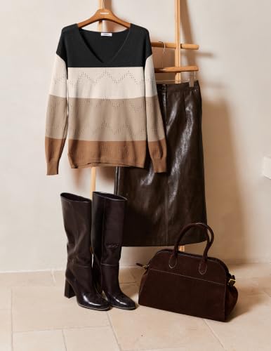 Image of Zeagoo Womens Sweaters Fall Trendy Casual Long Sleeve Shirt Lightweight V Neck Off Shoulder Crochet Pullover Top Outfit