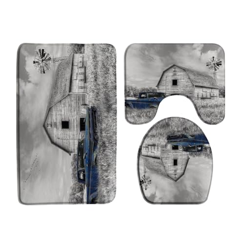 Vintage Farm Truck 3 Pcs Bath Rugs Set,Rustic Wooden Barn Old Antique Car Farmhouse Windmill American Country Bathroom Kitchen Rug with 17.8