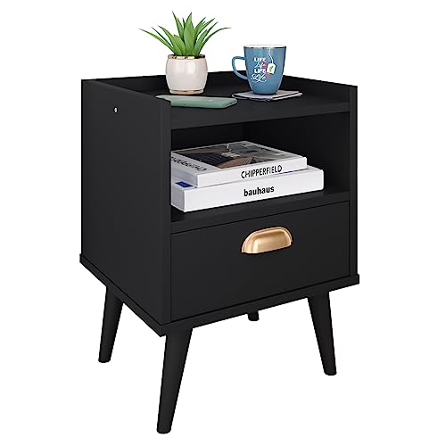 Mesa de Cabeceira Estilo Retrô com 1 Gaveta e Puxador concha Dourado (Preto)
