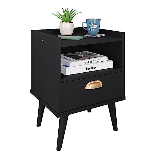 Mesa de Cabeceira Estilo Retrô com 1 Gaveta e Puxador concha Dourado (Preto)