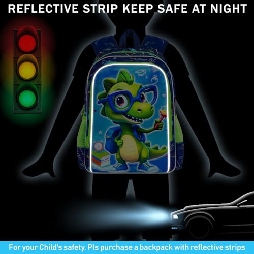 Image of 16 inch Dinosaur Backpack for Boys, 3Pcs Bookbag with Lunch Box, Kids School Backpacks Set for Elementary Preschool Kindergarten (Green)