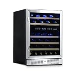 NewAir 24' Dual Zone Wine Fridge for 46 Bottles | Built-In or Freestanding Wine Cooler Refrigerator with Glass Door | Quiet Cooling & Adjustable Shelves for Red and White Wine | Stainless Steel