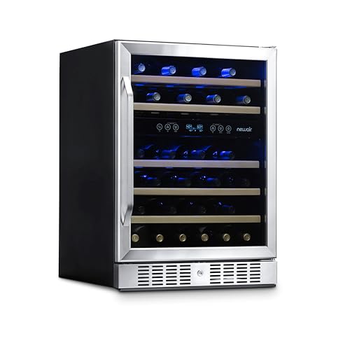 Image of NewAir 24" Dual Zone Wine Fridge for 46 Bottles | Built-In or Freestanding Wine Cooler Refrigerator with Glass Door | Quiet Cooling & Adjustable Shelves for Red and White Wine | Stainless Steel