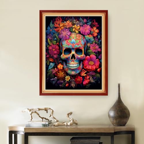 Image of DMCVIVR Stamped Cross Stitch Kits for Beginners Adults Needlepoint Kits for Beginners Embroidery Kits for Adults Crossstitch Kit for Beginners 11CT-Skeleton Flower 16x20 inch