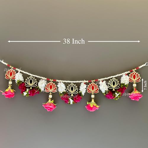 Image of Divyakosh Engineered Wood, Fabric Handmade Lotus Toran for Main Door Entrance | Door Decoration Items Hanging, Bandhanwar for Home Entrance | Toran Size - 38 Inch |, Multicolor