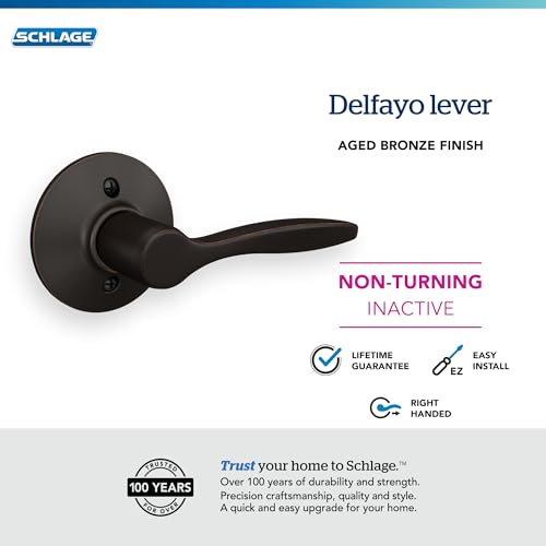 Image of Schlage F170 DEL 716 RH Right Handed Delfayo Door Lever with Standard Trim, One-Sided Non-Turning Dummy Handle, Aged Bronze