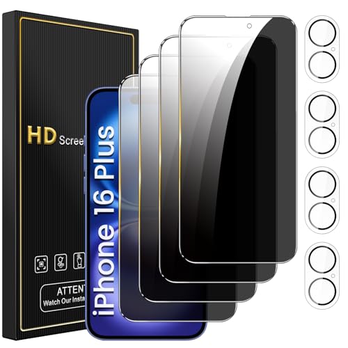 Romkasi 4 Pack Privacy Screen Protector for iPhone 16 Plus 6.7 Inch with 4 Pack Camera Lens Protector Anti Spy Tempered Glass Film Anti-Scratch Touch Sensitive Case Friendly