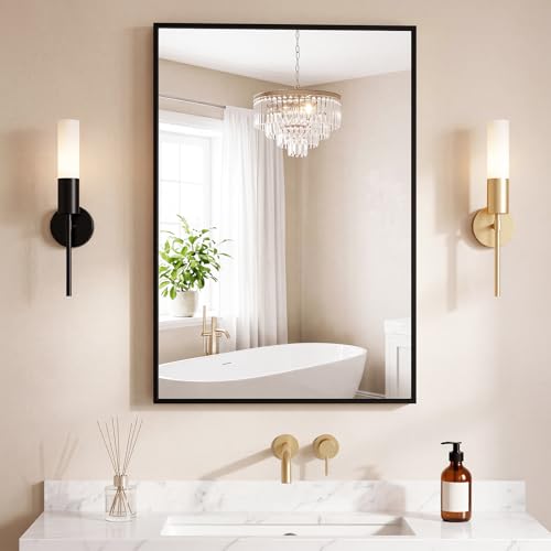 Image of NEWBULIG 24 inchx36 inch Wall Mirror, Bathroom Mirrors for Over Sink, Black | Matte Metal Framed Vanity Mirror with Tempered Glass, Entryway, Living Room, Bathroom