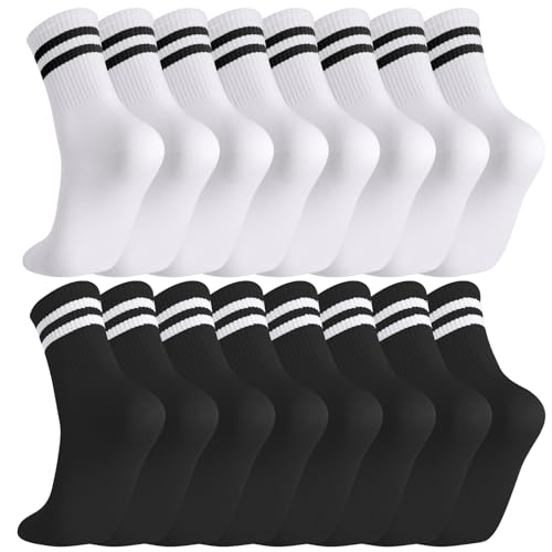 Image of Jspupifip 8 Pair Striped Athletic Crew Socks Running Socks for Men Women | Moisture-Wicking, Soft Stretchy Casual Mid Calf Socks Size 5-8, Breathable Casual Gym Socks