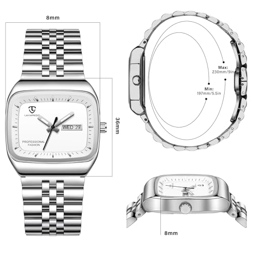 Image of Mens Watch, Luxury Casual Watches for Men, Waterproof Analog Quartz Watch - Men's Stainless Steel Watch with Stylish Rectangular Dial, Luminous Hands, Date & Day Display - Great Gift for Men