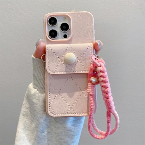 Étui iPhone 13 Pro cordon rose housse cuir motif losange avec porte-cartes
