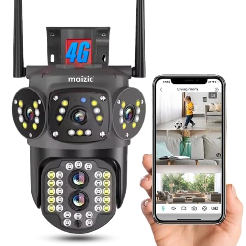 Maizic Smarthome 4G Tricam Black 5 MP FHD Dual Lens/Triple Screen Outdoor CCTV Camera with Color Night Vision, Motion Detection, Two Way Audio and Memory Card Support (Up to 128 GB)