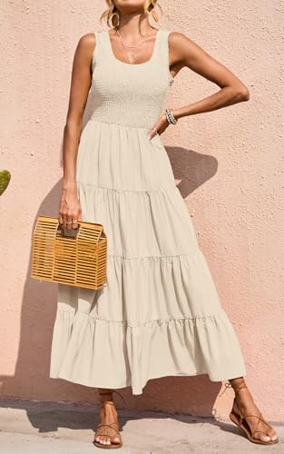 Image of PRETTYGARDEN Women's 2026 Casual Loose Plain Maxi Sundress Smocked Tank Dress Sleeveless Summer Beach Tiered Long Dresses