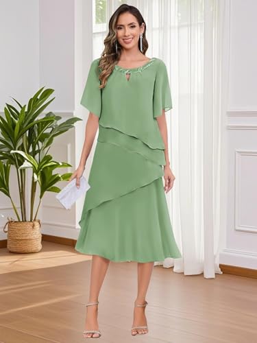 Tea Length Mother of The Bride Dresses for Women Chiffon Sequin Neck Short Sleeve A Line Formal Evening Gown3
