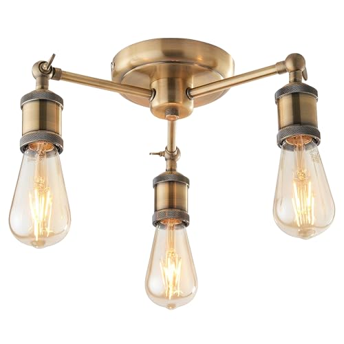 National Lighting Hal 3 Light Semi Flush Ceiling Light, Antique Brass – Dimmable & Adjustable Heads Vintage Lamp – LED Compatible, E27 Holder, IP20 Low Ceiling Lights for Living Room