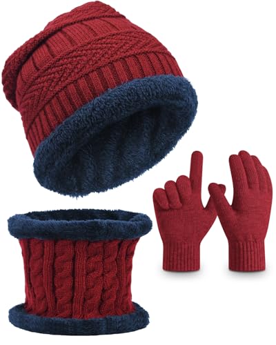 Image of EAONE Kids Winter Hat Gloves Scarf Set, Knitted Toddler Beanie Cap, Mitten Gloves, and Neck Warmer for Boys Girls Aged 5-12