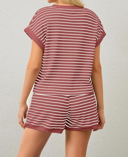 Image of Burtell Women Summer 2 Piece Lounge Sets Striped Short Sleeve Tee Shirts Mini Shorts Loungewear Shorts Set Ribbed Pajama Set