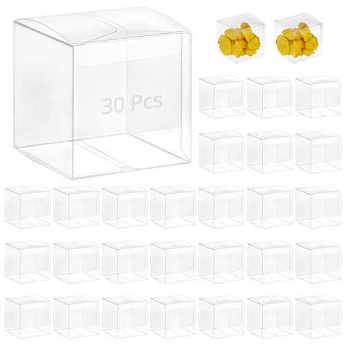 QWORK® 30 Pezzi Scatole Regalo in PVC Trasparente Cubo da 7x7x7 cm, Scatole per Bomboniere per Regali, Conservazione di Gioielli, Torte e Caramelle