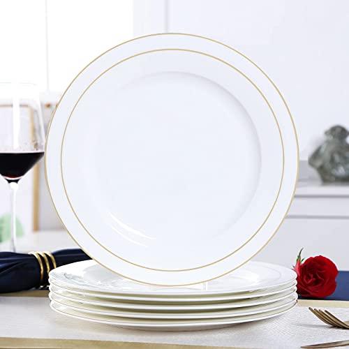 DUJUST Primera Clase Bone-china Juego de 6 Platos Blancos para Cena (25cm), Diseño de Lujo con Adornos Dorados Hechos a Mano,Juego de Platos de Cocina de Porcelana/para Ensalada/Pasta