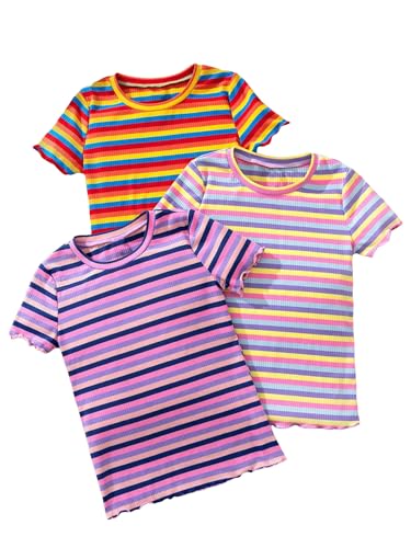 Milumia Girl's 3 Piece Striped Ribbed Short Sleeve T Shirts Crew Neck Lettuce Trim Tee Tops