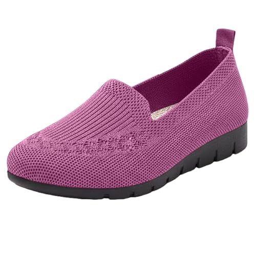 Women's Knitted Flat Shoes Slip On Casual Breathable Mesh Walking Shoes Fashion Round Toe Shoe Lightweight Loafers Flats Comfortable Non Slip Footwear Purple