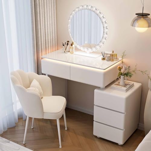 HSSTYLE Tocador con Espejo y Taburete, tocador con Espejo LED y 3 cajones de Almacenamiento, Espejo Inteligente Ajustable para Dormitorio y Sala de Estar.,Blanca,80 * 40 * 76cm