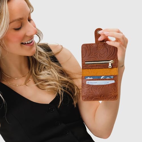 Image of Portland Leather Goods Women's Mini Bifold Wallet - Slim, Palm-Sized Design with Secure Snap Closure, 2 Card Slots, 2 Cash Slots & Zippered Coin Pocket - Meadow
