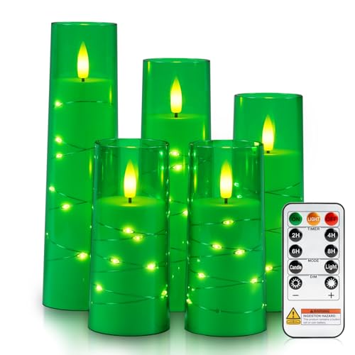 Image of Raycare St. Patrick's Day Flameless Candle with Remote Timer - 5 Flickering Acrylic Battery Operated LED Pillar Candles with Embedded Star String for Christmas, Home Decor, and as a Gift(Green)