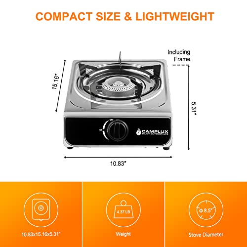 Camplux Single Burner Propane Stove 9,800 BTU, Stainless Steel Portable