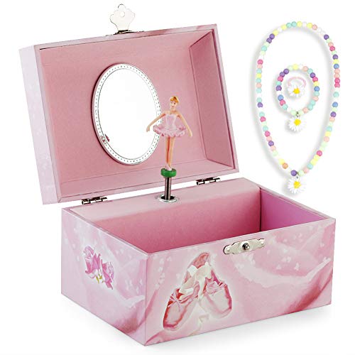 Kids Musical Jewelry Box for Girls and Jewelry Set with Ballerina Theme - Swan Lake Tune Pink