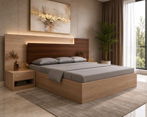 Image of King Size Engineered Wood Platform Bed, Ramonda Style | LED Fitted Headboard, Side Tables with Storage, Brown Finish
