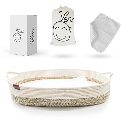 Image of Organic Cotton Rope Changing Basket for Dresser Top - 29.5 x 17 x 6 in, Thick Removable Foam Pad, Portable Moses Basket for Babies, Waterproof Changing Pad