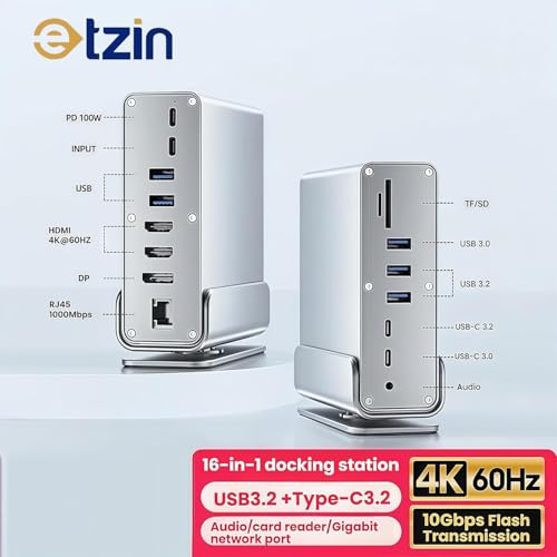 Image of ETZIN USB C Docking Station Dual /Triple Monitor, 16 in 1 USB C Hub Multiport Adapter with Dual 4K HDMI /DisplayPort /7 USB Ports /100W PD /Audio /SD /TF /Ethernet, Docking Station for Windows.EPL-1568A