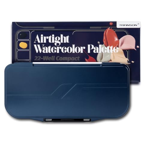 Transon Watercolor Palette Folding with Lid 18wells 2 Mixing Areas and 1 Large Mixing Tray Also for Gouache Acrylic Paint Palette Navy Blue
