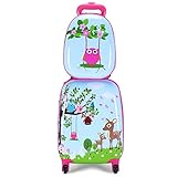 HONEY JOY Kids Luggage, 12” Travel Backpack & 16” Hard Shell Toddler Suitcase, Children Rolling Luggage with Wheels, Retractable Handle & 4 Casters, 2Pcs Carry On Luggage Set for Boys Girls(Deer)