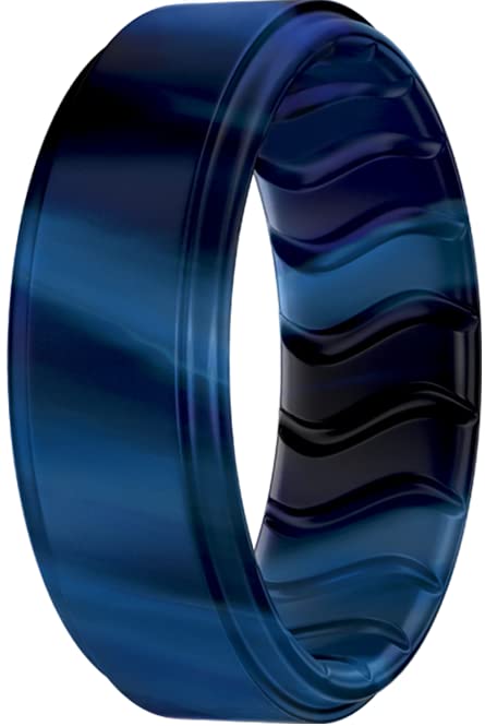 Anillo de silicona, banda para hombre, negro, azul, diseño de onda transpirable