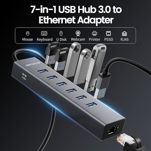 Image of 4FT USB to Ethernet Adapter, 7-in-1 USB Hub 3.0 Multiport Adapter with Ethernet 1Gbps & 6 USB 3.0 Port, USB Ethernet Adapter for Desktop, Laptop, MacBook, XPS Windows