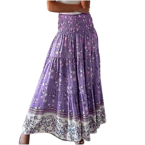 Long Boho Skirts for Women Summer Tiered Floral Maxi Skirt Elastic High Waisted A Line Skirt Pleated Flowy Beach Skirts
