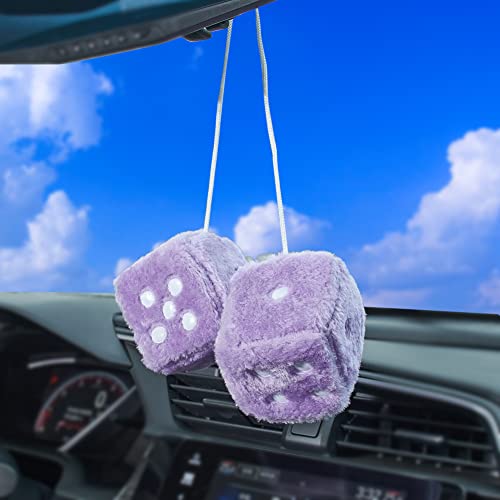 Image of 2.95'' Retro Fuzzy Plush Dice Car Charm Square Plush Dice Car Rear View Mirror Hanging Ornament Car Mirror Hanging Accessories, Purple