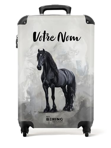 NoBoringSuitcases.com Valise Enfant Cabine Personnalisable Rose Bagages à Roulette 55x35x25cm (Cheval Noir - Gris)