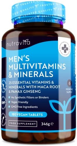 Men's Multivitamins and Minerals - 25 Essential Active Vitamins and Minerals with Added Maca Root and Panax Ginseng - 180 Vegan Tablets - No Synthetic Fillers or Binders - Made in The UK by Nutravita