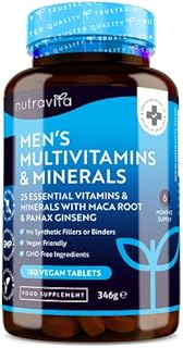 Men's Multivitamins and Minerals - 25 Essential Active Vitamins and Minerals with Added Maca Root and Panax Ginseng - 180 Vegan Tablets - No Synthetic Fillers or Binders - Made in The UK by Nutravita