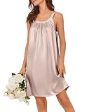 Ekouaer Silky Satin Nightgown for Women Sleeveless Sleepwear Tank Night Shirts Pleated Sleepshirt Casual Dress Champagne M