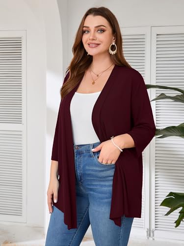 Image of AusLook Women's Plus Size Lightweight Open Front Cardigan 3 /4 Sleeve Cover Ups Shrugs Shawls and Wraps Kimono Jacket Coat