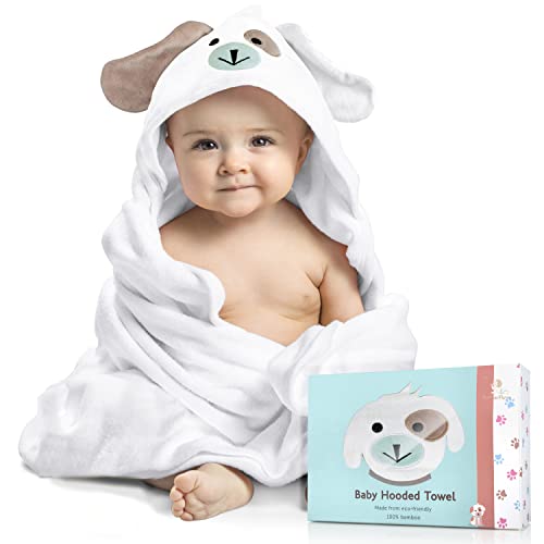 Image of FOREVERPURE Baby Hooded Towel Baby Gift Baby Bath Towel X-Large Organic Bamboo Cotton Baby Towel Boy and Girl Ultra Soft Baby Dog Towels 35 x 35 inches White