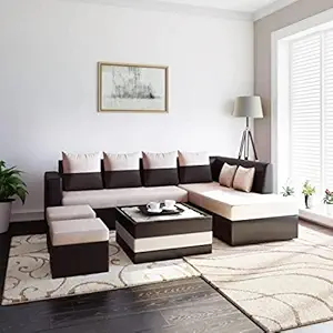 FURNY Marbo 8 Seater Fabric RHS Sectional L Shape Sofa Set with 1 Centre Table & 2 Ottomans (Cream-Brown)